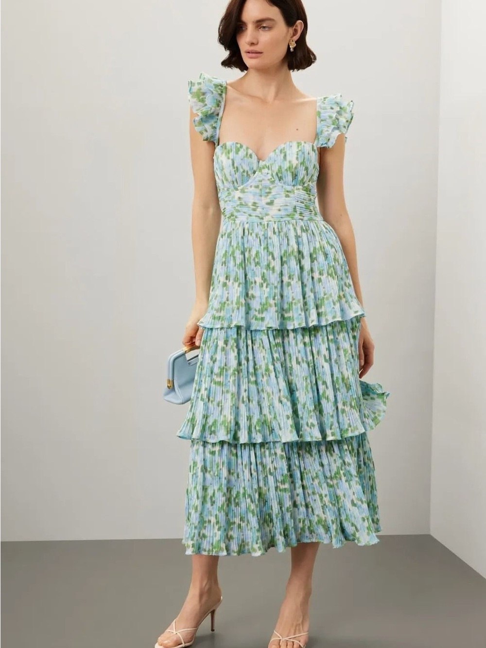 Rachel Purcell Tiered Floral Midi Dress in Blue and Green